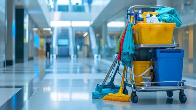 supplies-and-cart-in-a-modern-office-corridor-photo
